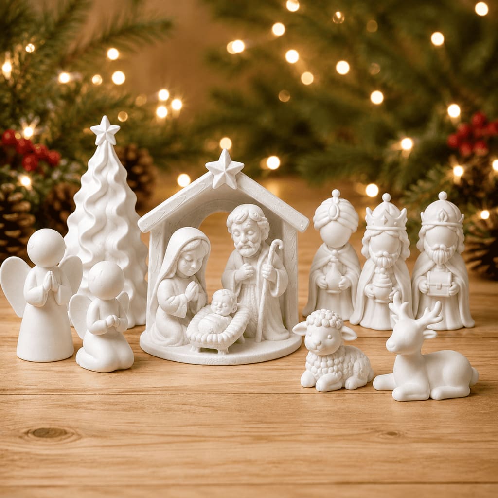 Kit Presépio Decorativo de Natal com Sagrada Família Reis Magos Anjos Árvore Ovelha e Rena para Sala de Estar e Aparador