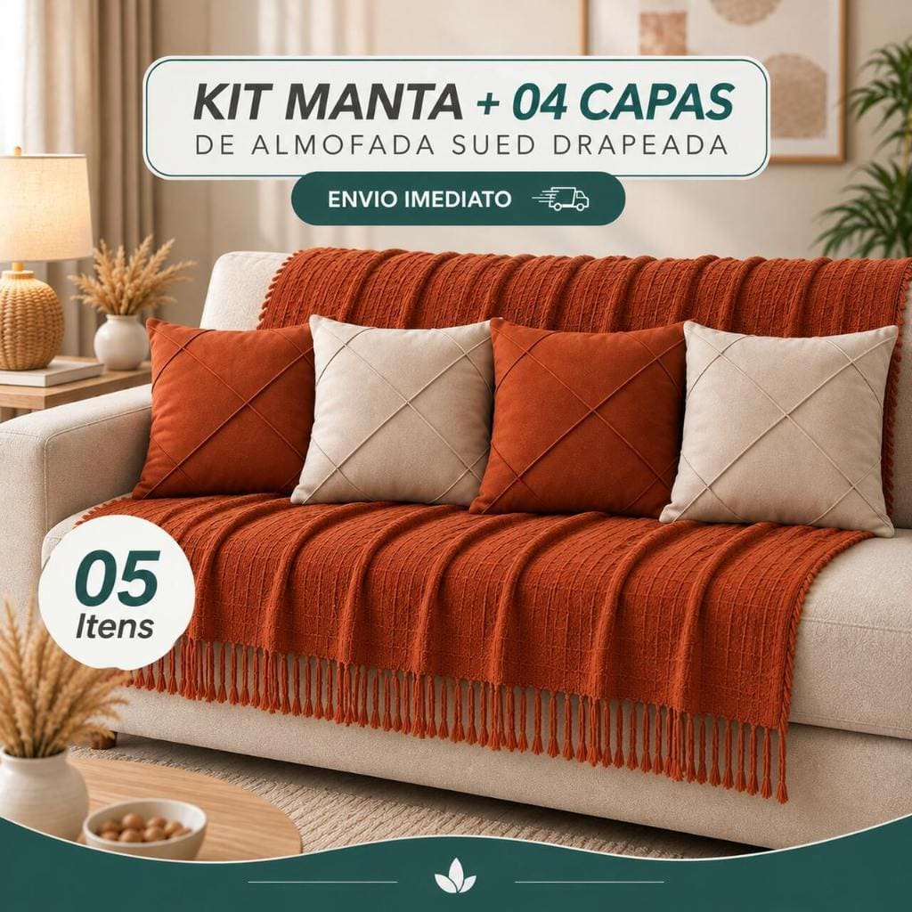 Kit Manta + Capas de Almofada Sued Drapeada Decoração Sala Sofá Manta P 1,40 x 1,70m
