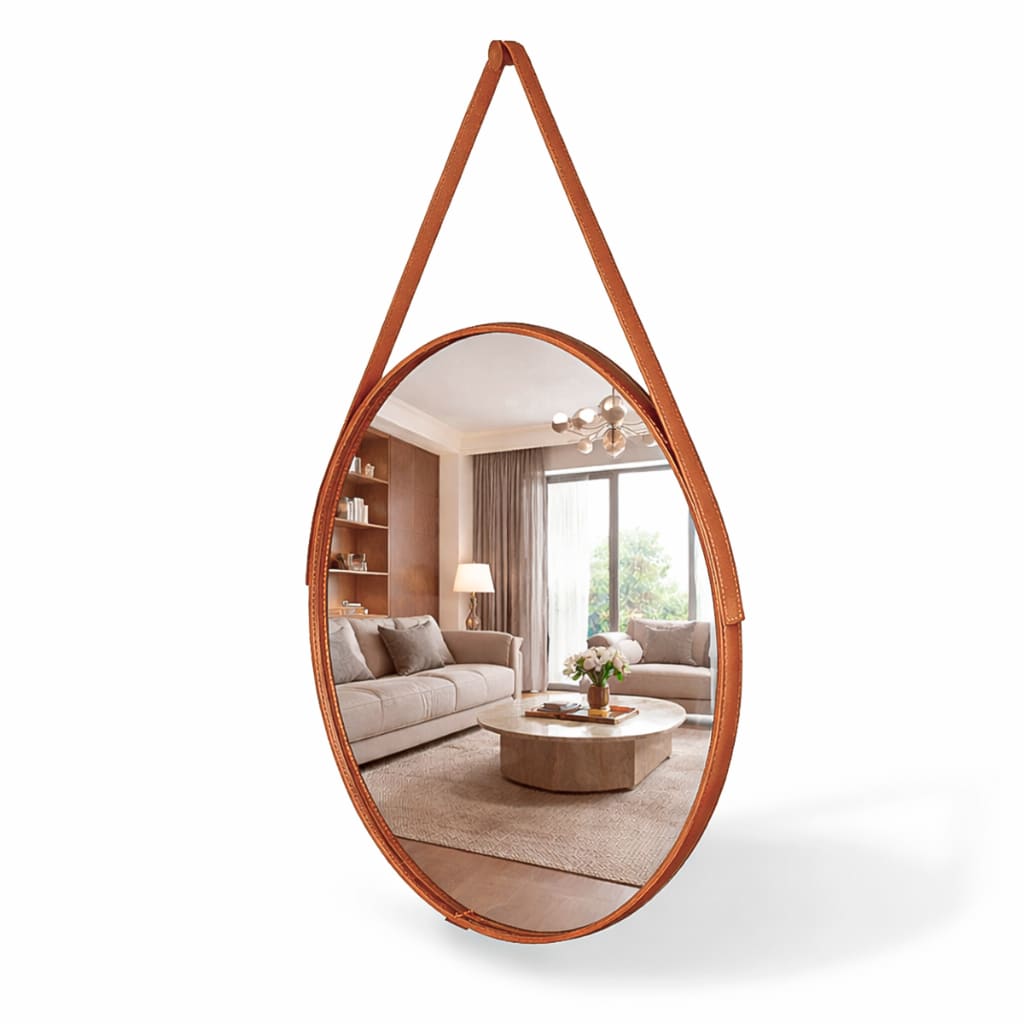 Espelho Redondo Decorativo Adnet Alça Couro Suporte 60/50cm Sala Quarto Banheiro